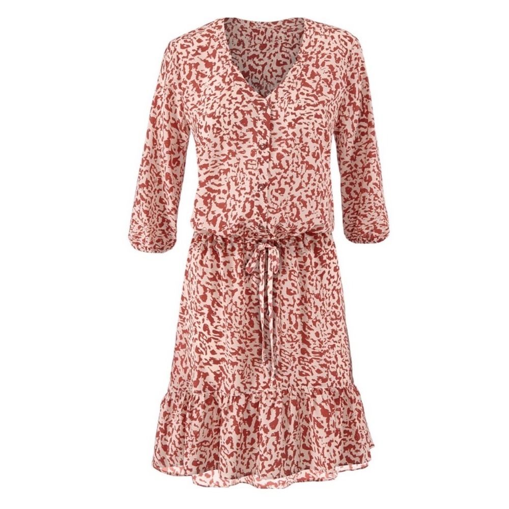 Cabi Sienna Dress Women XS Red Leopard Print Drawstring Waist Ruffle Hem 5406 - Picture 2 of 11